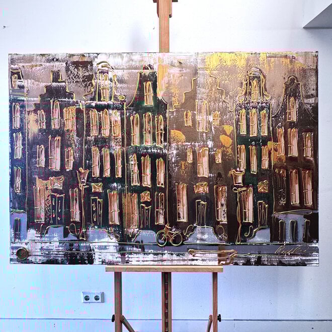 Painting- 100x150cm - Amsterdam LUXURY style - grachten gevels in omber & Gold #18
