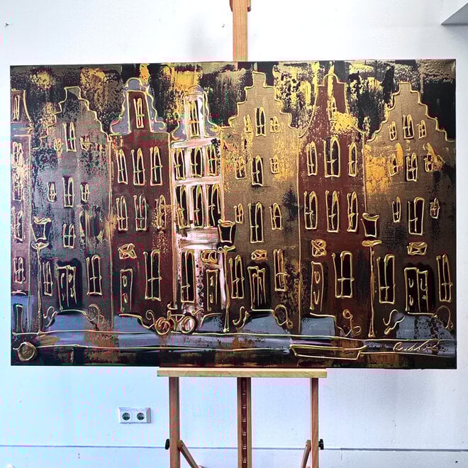 Painting- 100x150cm - Rick Triest - Amsterdam LUXURY style - grachten gevels in omber & Gold #17