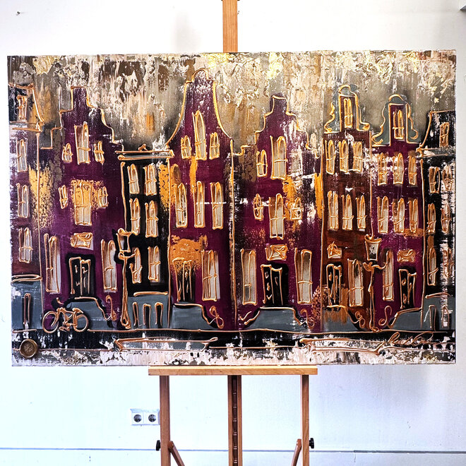 Schilderij- 100x150cm - Rick Triest - Amsterdam LUXURY style - grachten gevels in omber & Gold #16