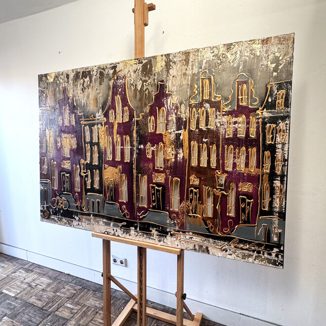 Schilderij- 100x150cm - Rick Triest - Amsterdam LUXURY style - grachten gevels in omber & Gold #16