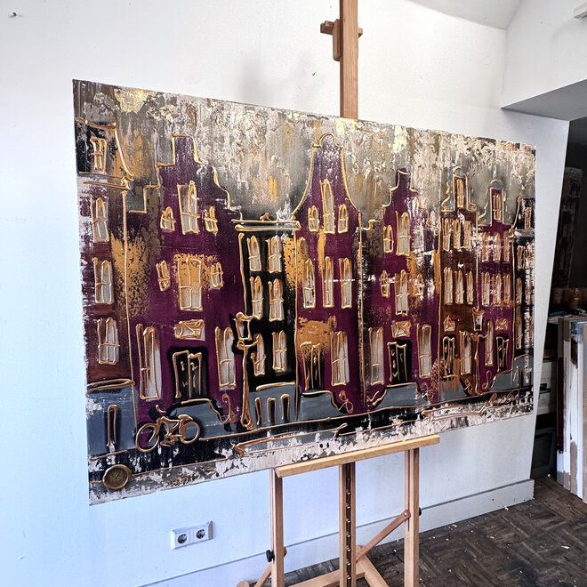 Schilderij- 100x150cm - Rick Triest - Amsterdam LUXURY style - grachten gevels in omber & Gold #16
