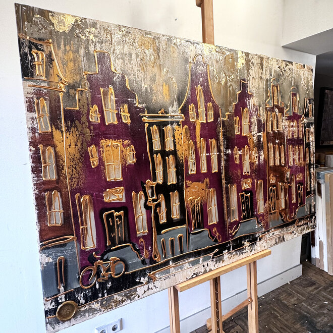 Schilderij- 100x150cm - Rick Triest - Amsterdam LUXURY style - grachten gevels in omber & Gold #16