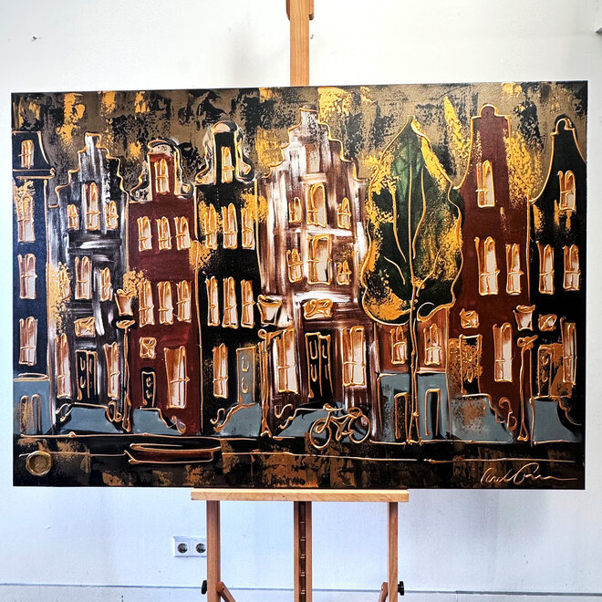 Schilderij- 100x150cm - Amsterdam LUXURY style - grachten gevels in omber & Gold #15