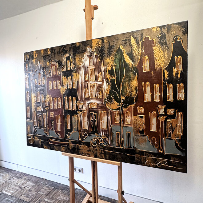 Schilderij- 100x150cm - Rick Triest - Amsterdam LUXURY style - grachten gevels in omber & Gold #15