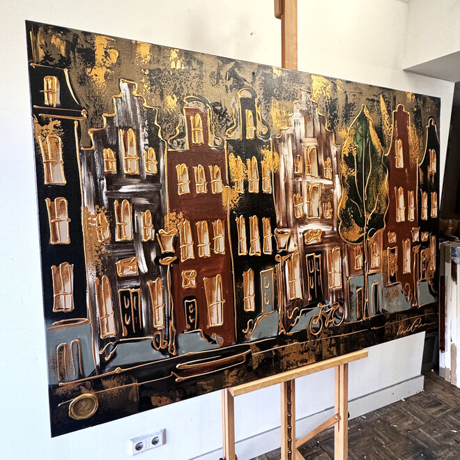 Schilderij- 100x150cm - Rick Triest - Amsterdam LUXURY style - grachten gevels in omber & Gold #15