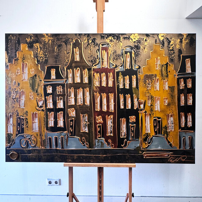 Schilderij- 100x150cm - Rick Triest - Amsterdam LUXURY style - grachten gevels in omber & Gold #14