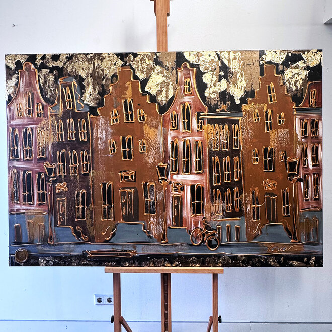 Painting- 100x150cm - Rick Triest - Amsterdam LUXURY style - grachten gevels in omber & Gold #12