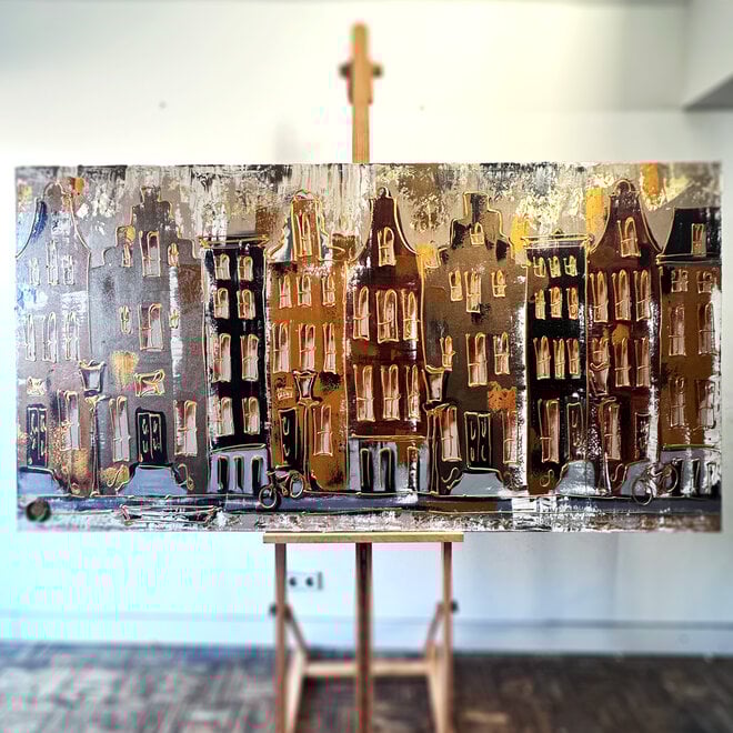 Schilderij- 100x200cm - Amsterdam LUXURY style - grachten gevels in omber & Gold #8