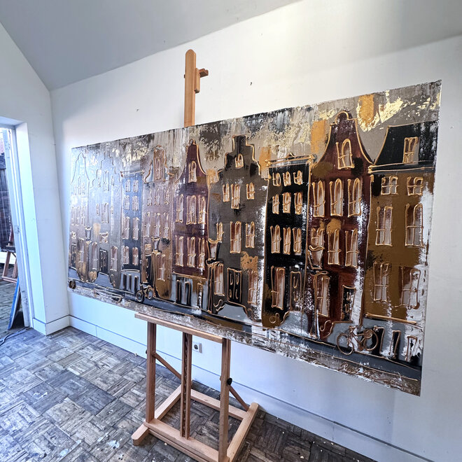 Schilderij- 100x200cm - Amsterdam LUXURY style - grachten gevels in omber & Gold #8