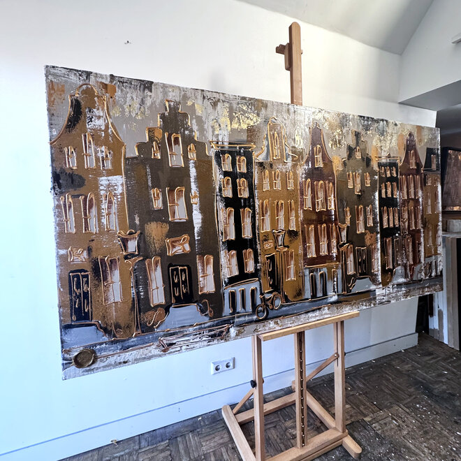 Schilderij- 100x200cm - Amsterdam LUXURY style - grachten gevels in omber & Gold #8