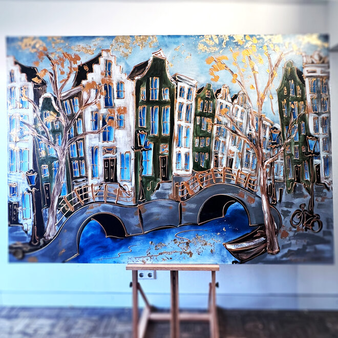 Painting- Rick Triest - 140X200cm - Amsterdam Prinsengracht - Green & Gold - XL