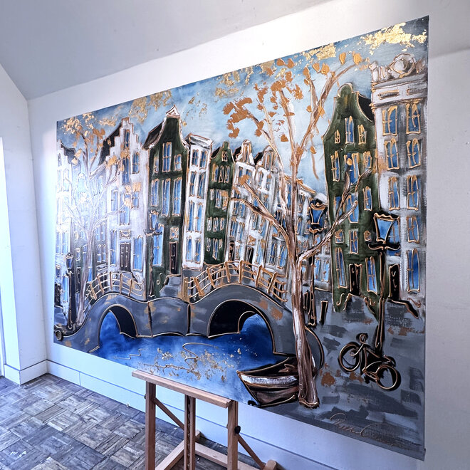 Schilderij- Rick Triest - 140X200cm - Amsterdam Prinsengracht - Green & Gold - XL