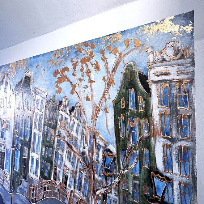 Schilderij- Rick Triest - 140X200cm - Amsterdam Prinsengracht - Green & Gold - XL