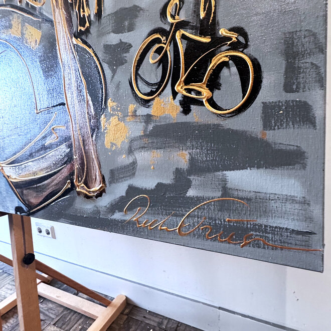 Schilderij- Rick Triest - 140X200cm - Amsterdam Prinsengracht - Green & Gold - XL