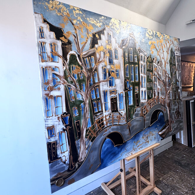 Schilderij- Rick Triest - 140X200cm - Amsterdam Prinsengracht - Green & Gold - XL