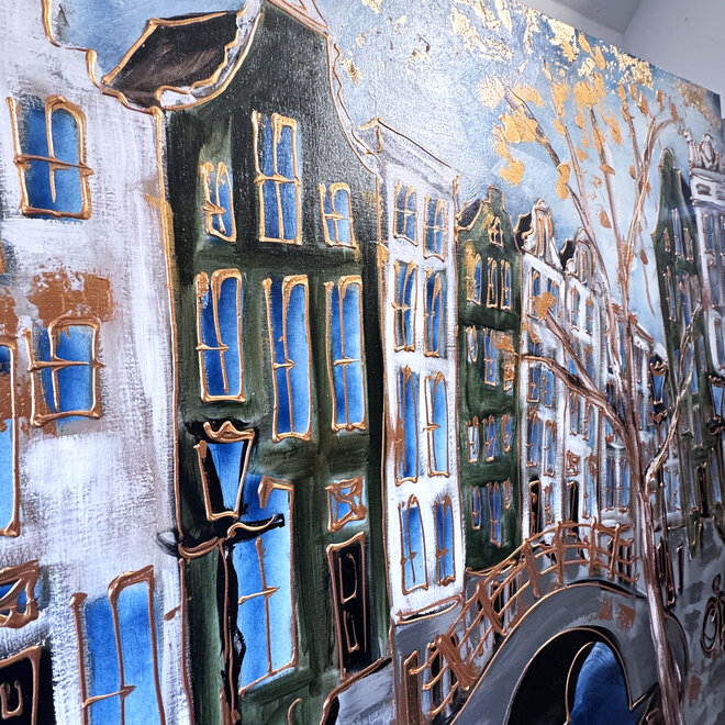 Painting- Rick Triest - 140X200cm - Amsterdam Prinsengracht - Green & Gold - XL