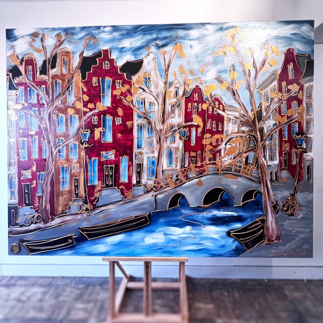 Painting- 150x200x4,5 cm - Amsterdam Herengracht -Blue & Gold - XL Red