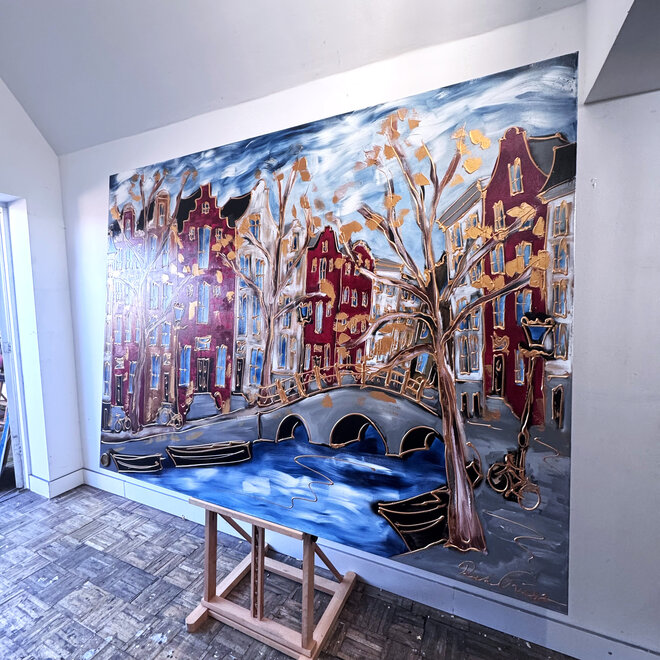 Painting- 150x200x4,5 cm - Amsterdam Herengracht -Blue & Gold - XL Red