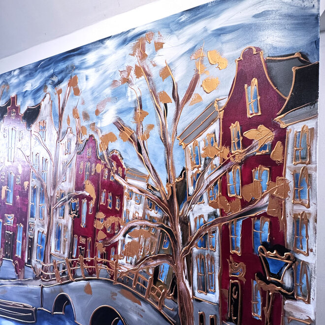 Schilderij- 150x200x4,5 cm - Amsterdam Herengracht -Blue & Gold - XL Red
