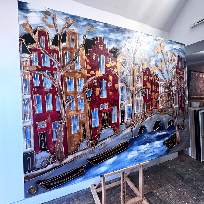 Painting- 150x200x4,5 cm - Amsterdam Herengracht -Blue & Gold - XL Red