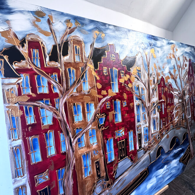 Painting- 150x200x4,5 cm - Amsterdam Herengracht -Blue & Gold - XL Red