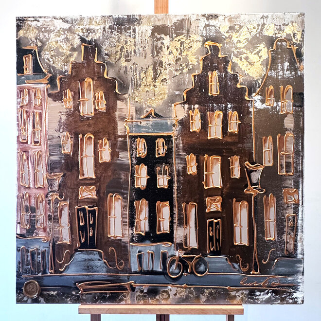 Painting-  100x100cm - Rick Triest - Amsterdam LUXURY style -  grachten gevels in omber & Gold #235