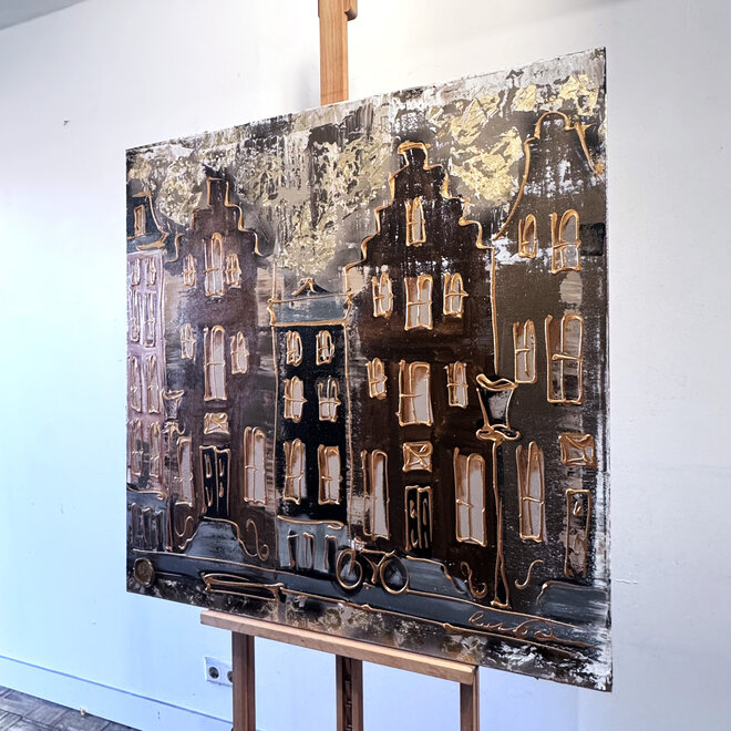 Painting-  100x100cm - Rick Triest - Amsterdam LUXURY style -  grachten gevels in omber & Gold #235