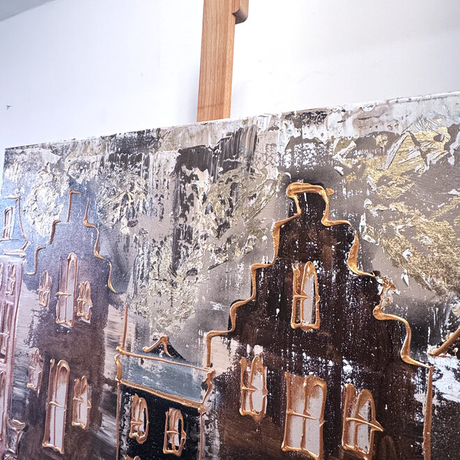 Schilderij- 100x100cm - Rick Triest - Amsterdam LUXURY style -  grachten gevels in omber & Gold #235