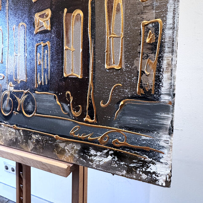 Schilderij- 100x100cm - Rick Triest - Amsterdam LUXURY style -  grachten gevels in omber & Gold #235