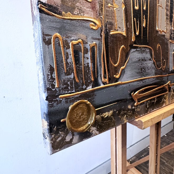 Schilderij- 100x100cm - Rick Triest - Amsterdam LUXURY style -  grachten gevels in omber & Gold #235