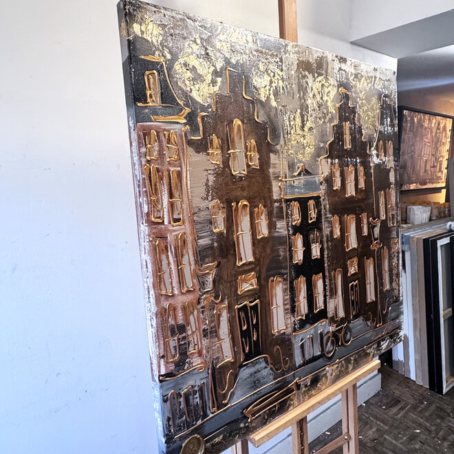 Painting-  100x100cm - Rick Triest - Amsterdam LUXURY style -  grachten gevels in omber & Gold #235