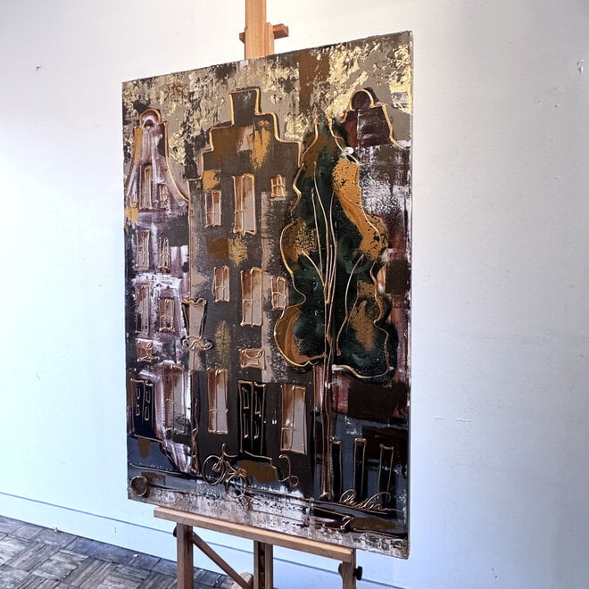 Painting- 80x120x4,5 cm - Rick Triest - Amsterdam LUXURY style - grachten gevels in omber & Gold #233