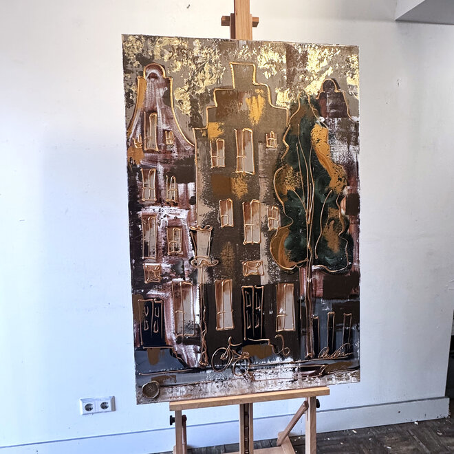 Painting- 80x120x4,5 cm - Rick Triest - Amsterdam LUXURY style - grachten gevels in omber & Gold #233