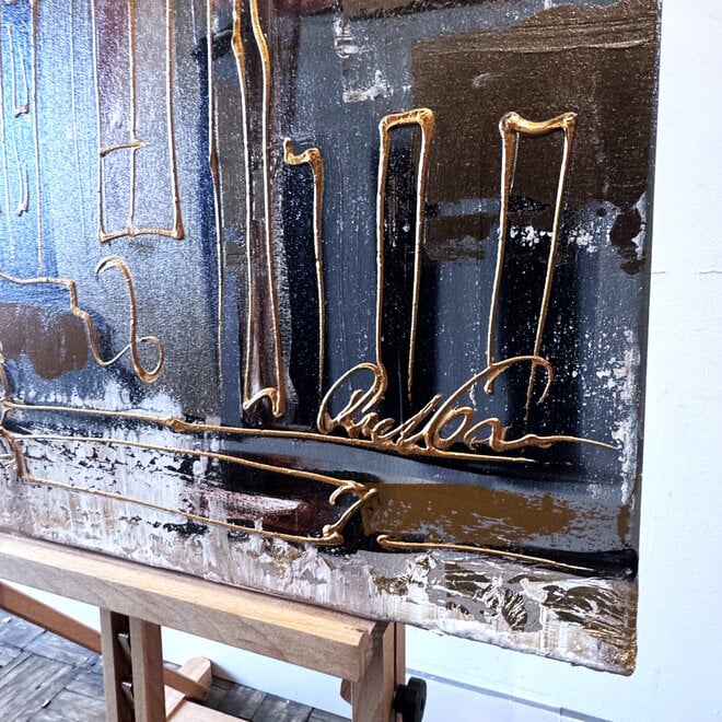 Schilderij- 80x120x4,5 cm - Rick Triest - Amsterdam LUXURY style - grachten gevels in omber & Gold #233