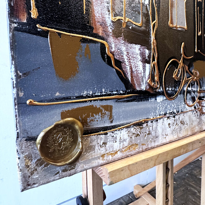 Schilderij- 80x120x4,5 cm - Rick Triest - Amsterdam LUXURY style - grachten gevels in omber & Gold #233