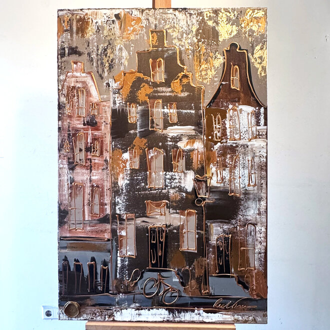 Schilderij- 80x120x4,5 cm - Amsterdam LUXURY style - grachten gevels in omber & Gold #232