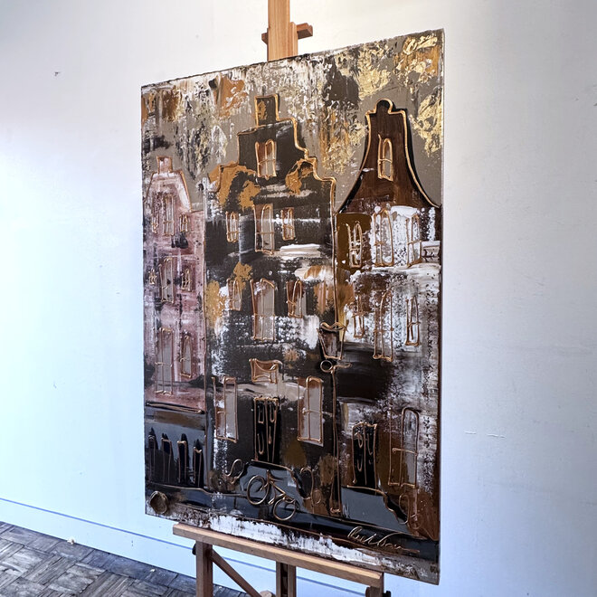 Schilderij- 80x120x4,5 cm - Rick Triest - Amsterdam LUXURY style - grachten gevels in omber & Gold #232