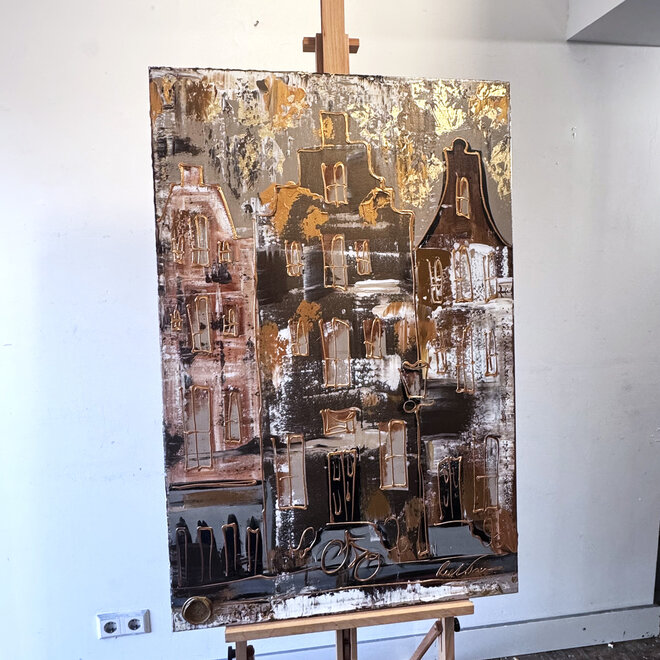Painting- 80x120x4,5 cm - Rick Triest - Amsterdam LUXURY style - grachten gevels in omber & Gold #232