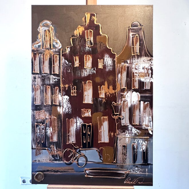 Painting- 80x120x4,5 cm - Rick Triest - Amsterdam LUXURY style - grachten gevels in omber & Gold #231