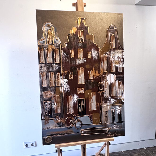 Schilderij- 80x120x4,5 cm - Rick Triest - Amsterdam LUXURY style - grachten gevels in omber & Gold #231
