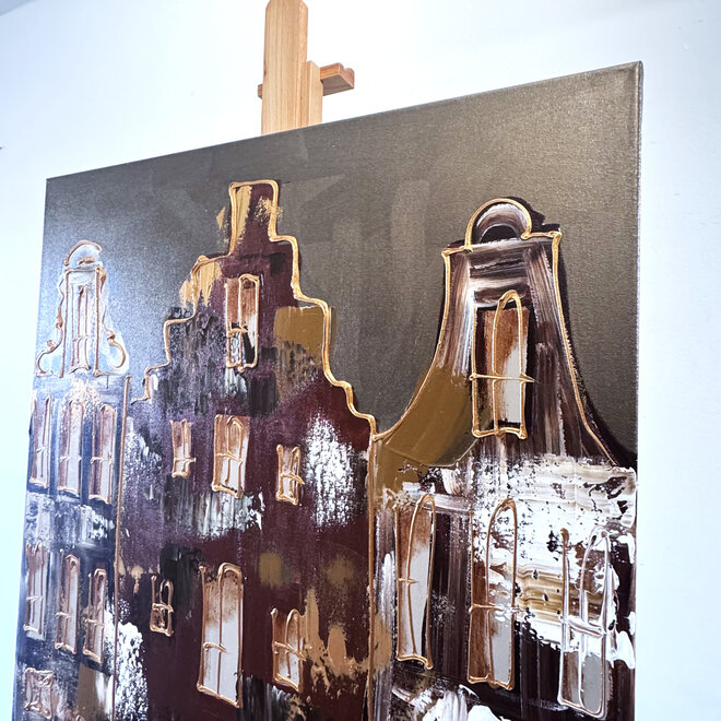 Schilderij- 80x120x4,5 cm - Rick Triest - Amsterdam LUXURY style - grachten gevels in omber & Gold #231