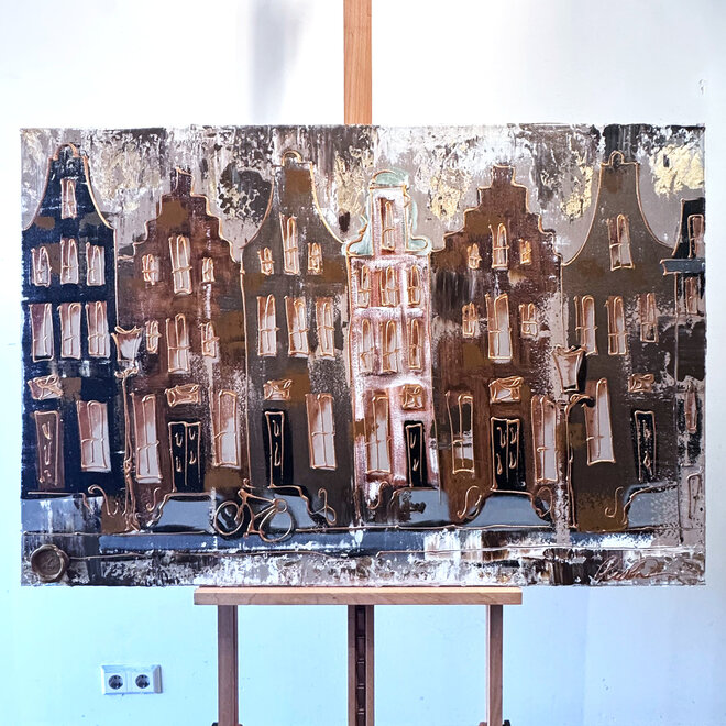 Schilderij- 80x120x4,5 cm - Rick Triest - Amsterdam LUXURY style - grachten gevels in omber & Gold #230