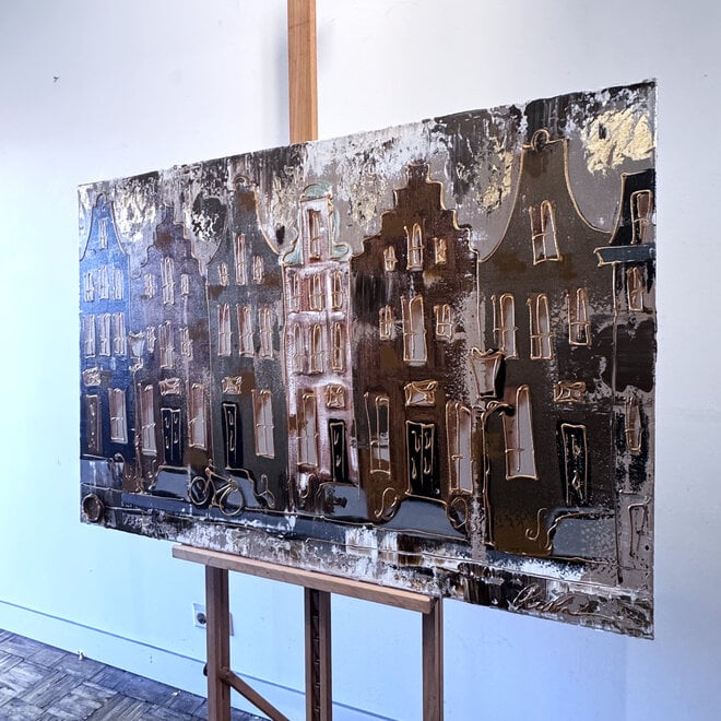 Painting- 80x120x4,5 cm - Rick Triest - Amsterdam LUXURY style - grachten gevels in omber & Gold #230