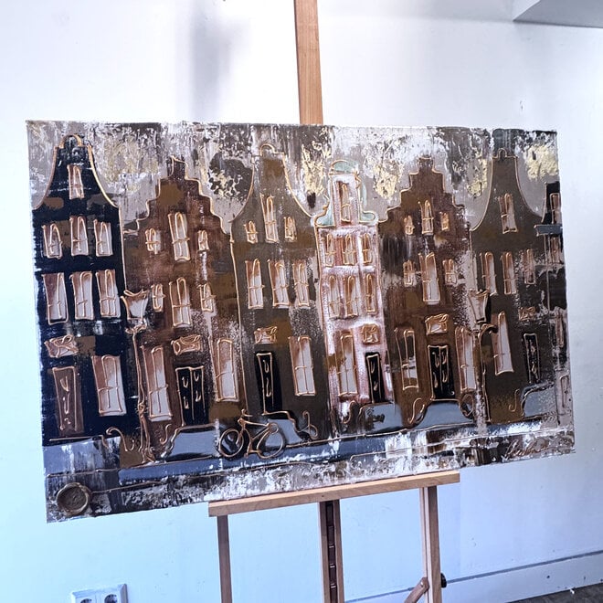 Painting- 80x120x4,5 cm - Rick Triest - Amsterdam LUXURY style - grachten gevels in omber & Gold #230