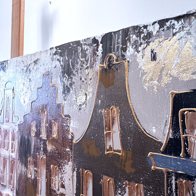 Schilderij- 80x120x4,5 cm - Rick Triest - Amsterdam LUXURY style - grachten gevels in omber & Gold #230