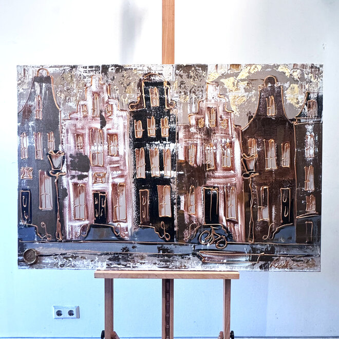 Schilderij- 80x120x4,5 cm - Amsterdam LUXURY style - grachten gevels in omber & Gold #227