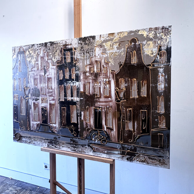 Schilderij- 80x120x4,5 cm - Rick Triest - Amsterdam LUXURY style - grachten gevels in omber & Gold #227