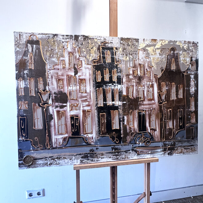 Painting- 80x120x4,5 cm - Rick Triest - Amsterdam LUXURY style - grachten gevels in omber & Gold #227