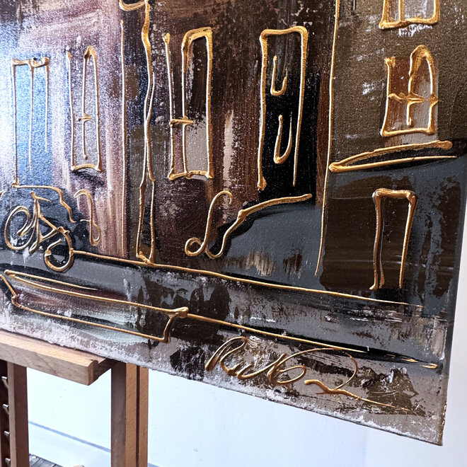 Painting- 80x120x4,5 cm - Rick Triest - Amsterdam LUXURY style - grachten gevels in omber & Gold #227