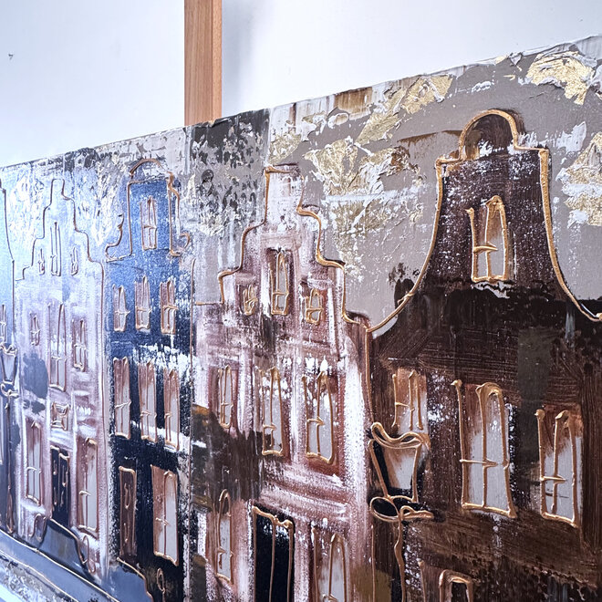 Schilderij- 80x120x4,5 cm - Rick Triest - Amsterdam LUXURY style - grachten gevels in omber & Gold #227
